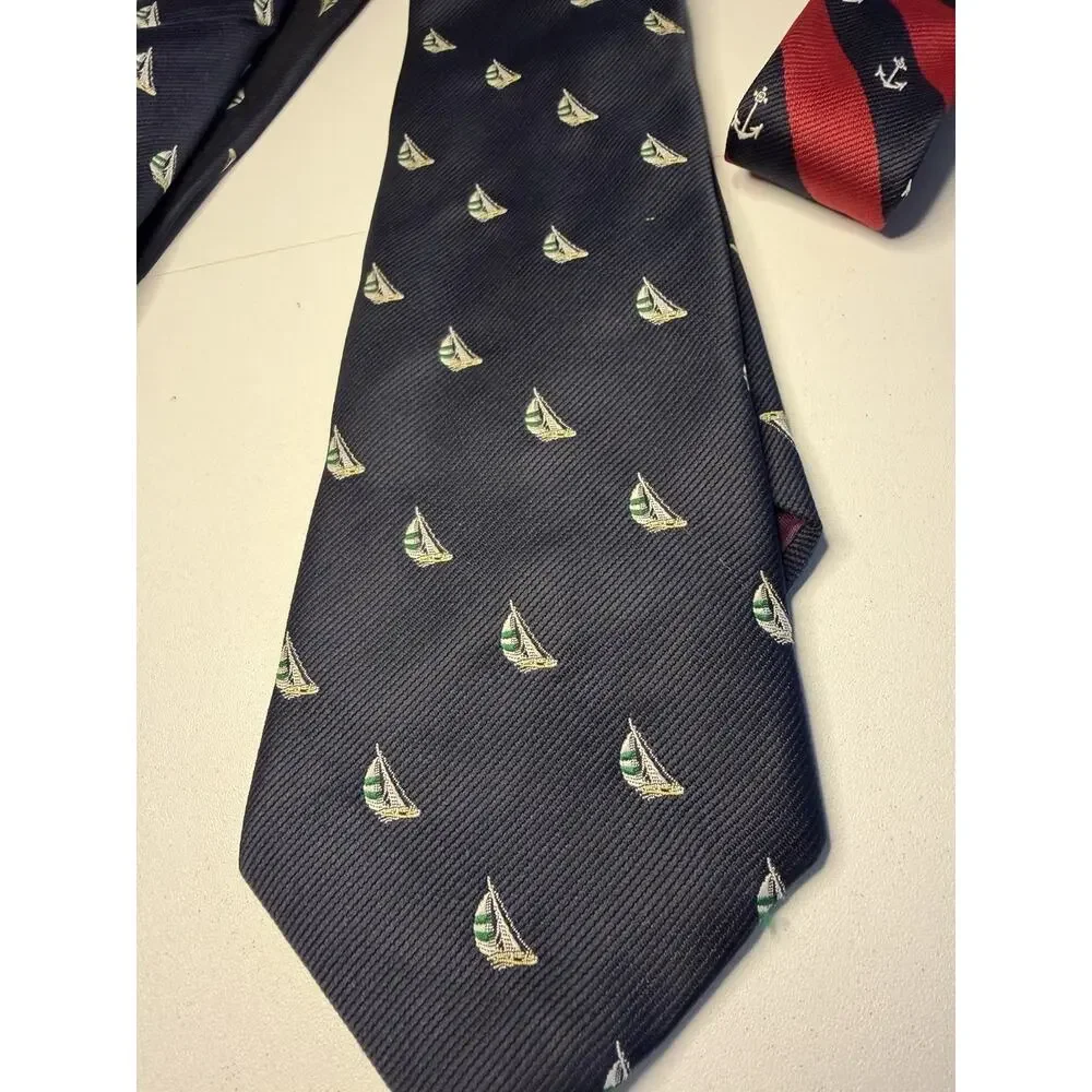 Lot 2 Alynn Navy Blue Red Necktie Nautical Anchor Sailboat Pattern USA Coastal